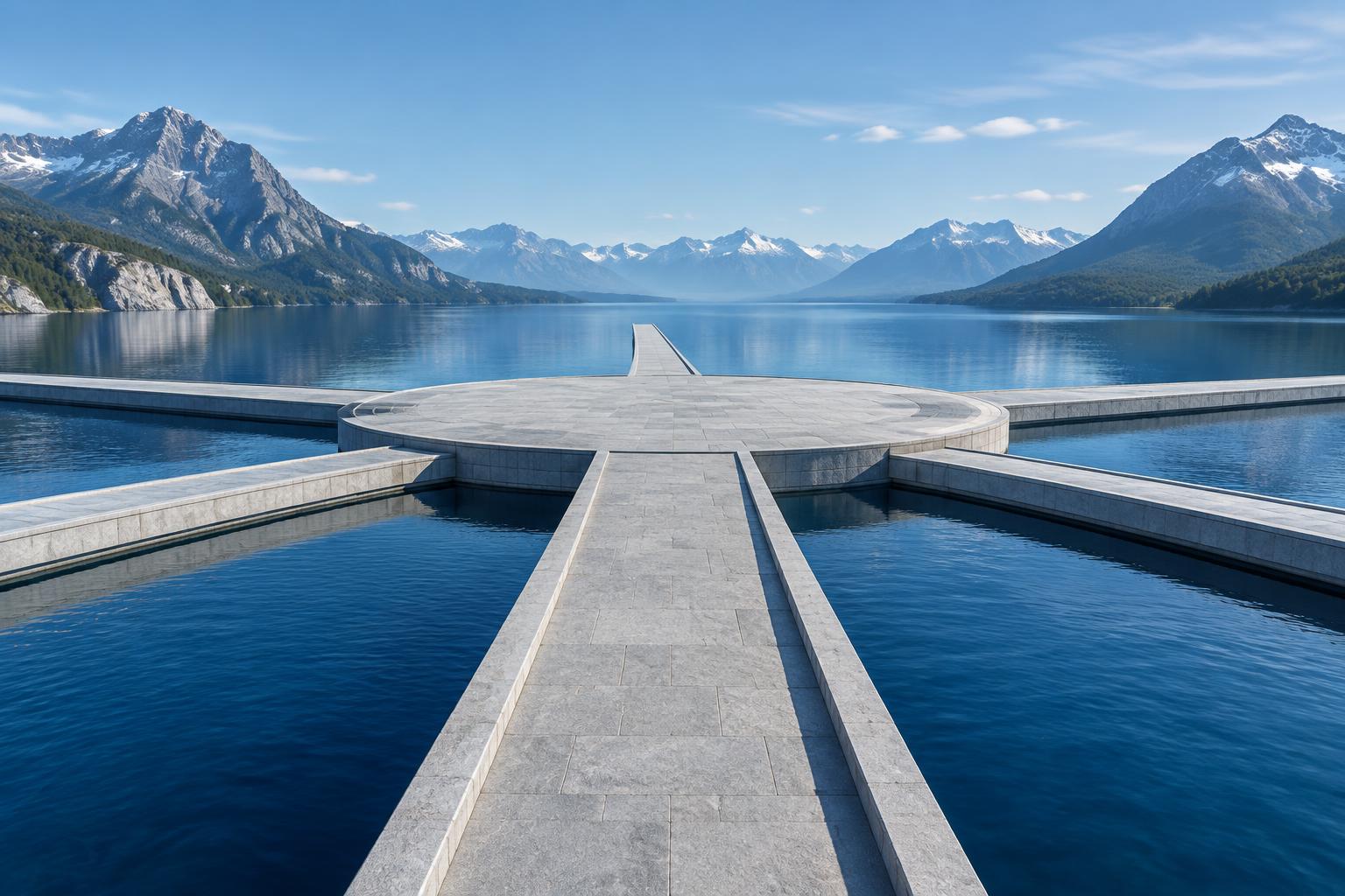 Specialist pathways converging at a shared platform on a mountain lake