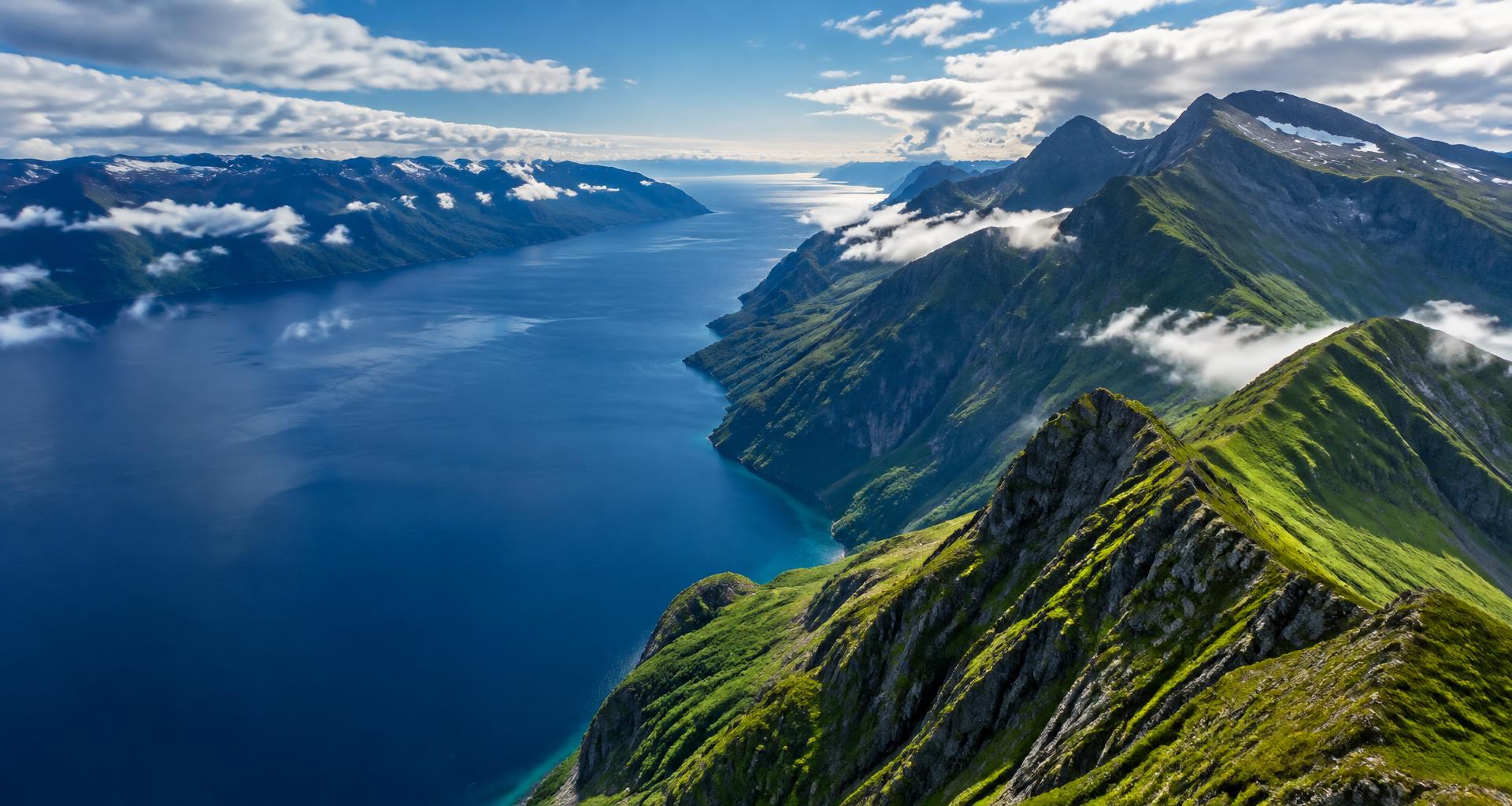 An expansive mountain landscape overlooking a blue fjord